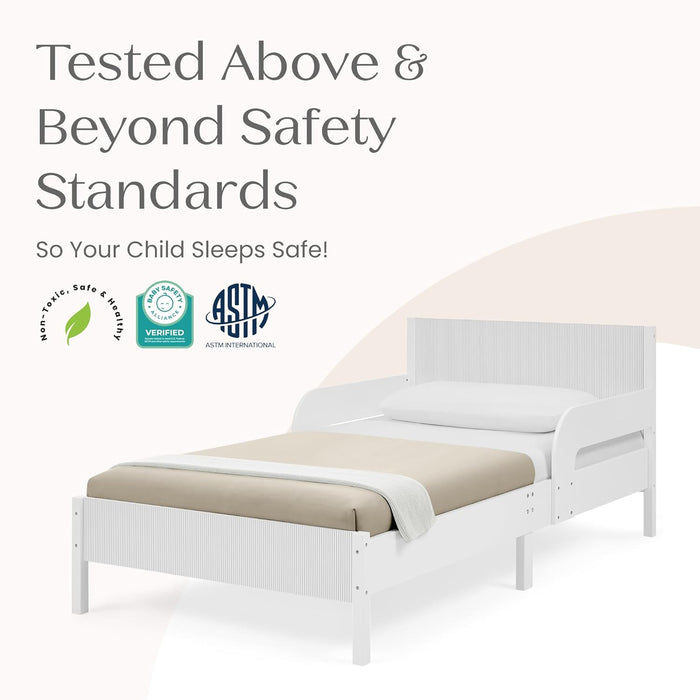 Cora Wood Twin Bed with Removable Guardrails - Wood Twin Bed with Slats Supports for Girls & Boys Teens, No Box Spring Needed, White Oxford Stripes