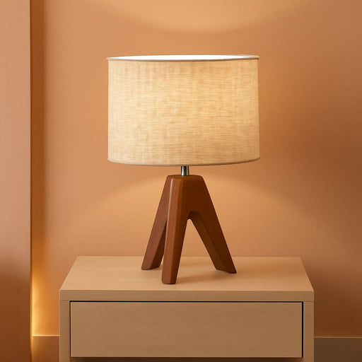 Tripod Table Lamp, Small Cute Bedside Lamp with Linen Beige Lampshade, Nightstand Lamp for Nursery, Bedroom, Kid Room, Living Room, Light Brown Wooden Base, E26 Socket, 14.2 Inch
