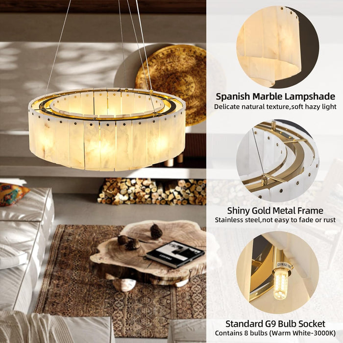 D23In Alabaster round Chandelier, Modern Marble Dining Room Chandeliers, 2 Tiers Brass Drum Pendant Light Fixtures, Gold Ceiling Light Chandelier for Living Room, Bedroom Lights, Foyer, Kitchen