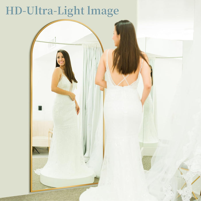 Full Length Mirror with Stand, 71"X28" Arched Full Body Large Stand up Aluminum Frame Floor Standing Mirror, Freestanding Hanging Leaning Mounted for Bedroom Living Room Entryway Gold