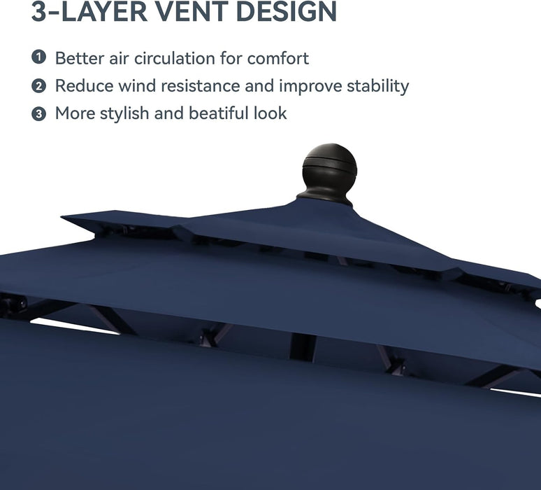 10Ft Outdoor Patio Umbrella, [Auto-Tilting] 3 Tiers Market Table Umbrellas with 1.5" Pole, 8 Sturdy Ribs, 3-Year-Non-Fading for Garden Deck Pool Backyard, Navy Blue