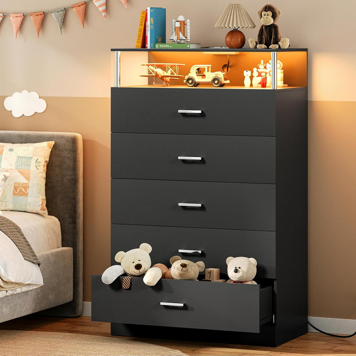 Black Dresser for Bedroom with Column Design & Charging Station, Led 5 Drawers Tall Dresser for Bedroom,Black