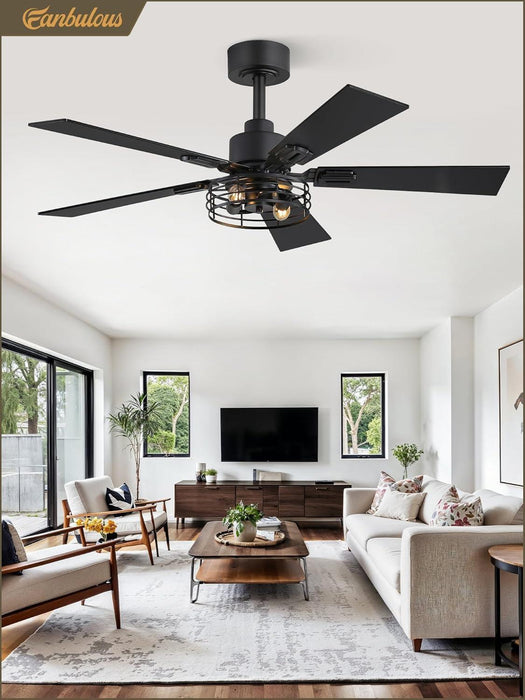 2 Pack Farmhouse 42 Inch Ceiling Fans with Lights, Black Industrial Caged Ceiling Fans for Bedroom Living Room, Double-Sided 5 Blades Rustic Ceiling Fan