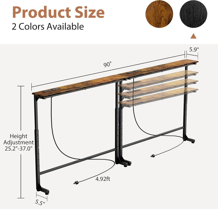 2 Pack Adjustable Height Narrow Console Table with Power Outlets, 90" Long Sofa Table with Charging Station behind Couch Table Entryway Table for Living Room and Hallway – Rustic Brown