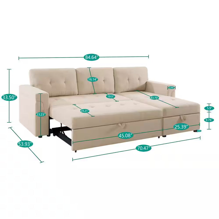 84.64 In. Velvet L-Shaped Sleeper Sectional Sofa with Square Arms In. Beige, Reversible Chaise, and Pull-Out Sofa Bed