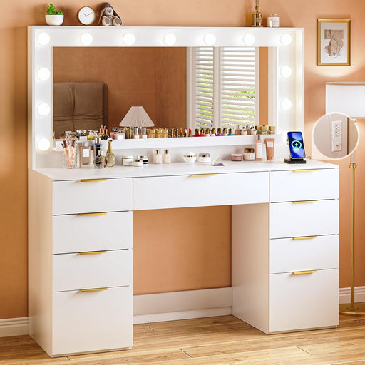Vanity Desk with Large Mirror and Lights, 45.3In Makeup Vanity with Power Outlet 9 Drawers & Storage, 3 Lighting Color Adjustable, White Vanity Desk for Bedroom