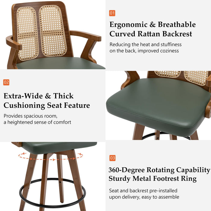 Counter Stools Set of 2 - 27 Inch Swivel Counterstools with Rattan Back, Curved Arms, Upholstered Seat, Adjustable Bamboo Legs, Counter Top Stools for Island/Pub/Kitchen (27" Seat Height, Green)