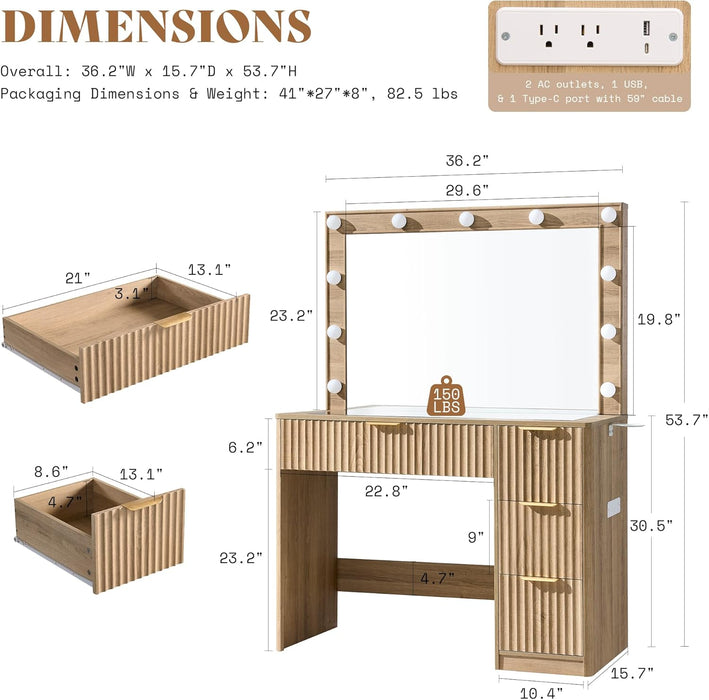 36InchesWide Fluted Vanity Desk With Premium Mirror