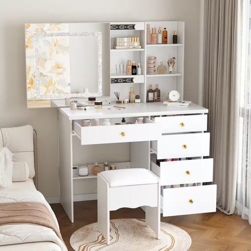 5-Drawers White Wood LED Push-Pull Mirror Makeup Vanity Sets Dressing Table Sets with Stool and 3-Tier Storage Shelves