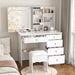 5-Drawers White Wood LED Push-Pull Mirror Makeup Vanity Sets Dressing Table Sets with Stool and 3-Tier Storage Shelves