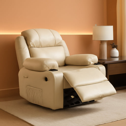 Leather Recliner Chair, Manual Recliner W/Comfortable Arms and Cup Holders for Living Room CF8011 - Beige, Medium