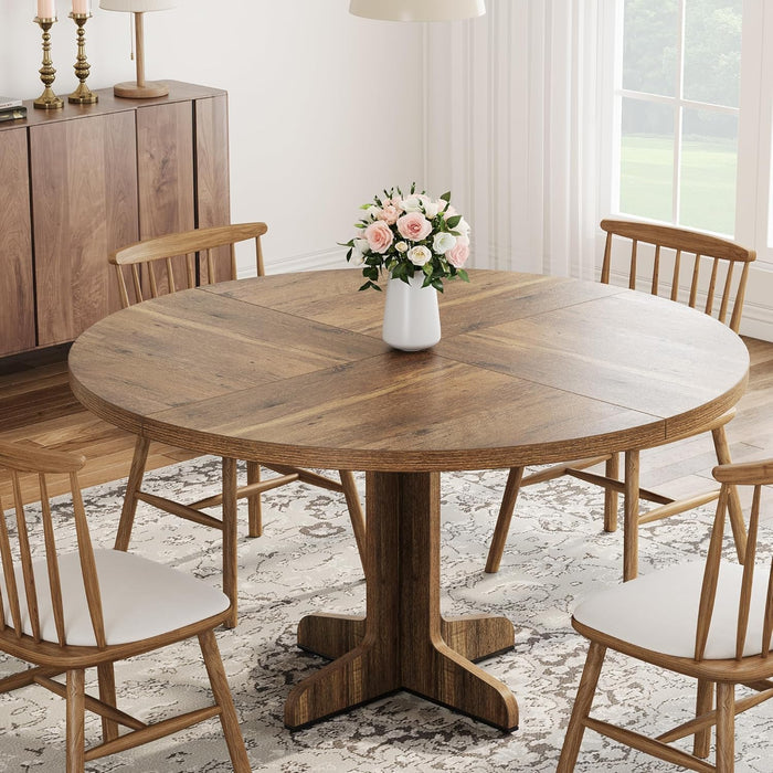 round Dining Table for 4, 47 in Farmhouse Circle Kitchen Table with Wood Tabletop and Stable Base, for Home Dining Room Living Room, Brown (Only Table)