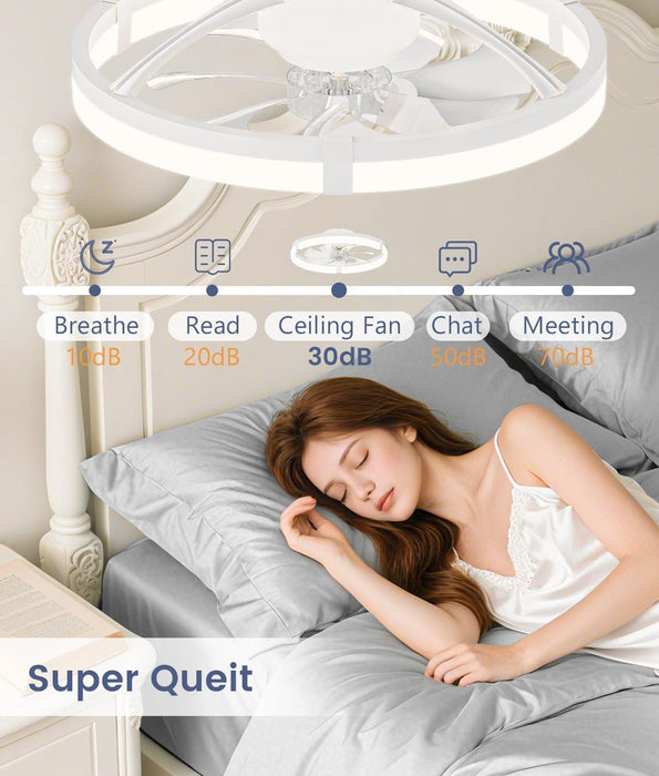 Low Profile Ceiling Fans with Lights and Remote, 19.7In Flush Mount Ceiling Fans with Light, 3000K-6500K Dimmable Fandelier Ceiling Fan, Bladeless Ceiling Fan for Bedroom(White)
