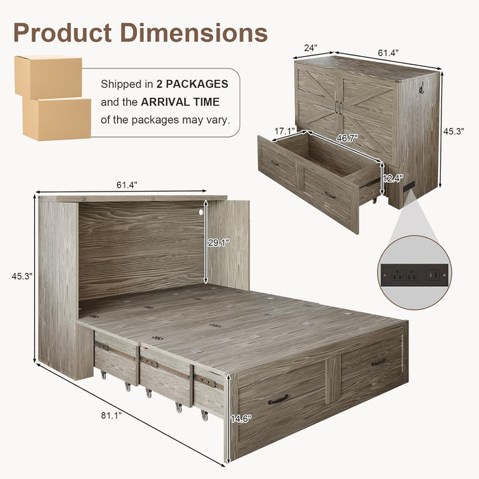 Grey Queen Murphy Cabinet Bed With GenerousStorage