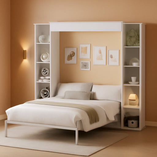 Murphy Bed Queen with Storage Bookcase & 4 Adjustable Shelves, Queen Murphy Bed Cabinet Bed, Foldable Space Saving Furniture Beds, Wood Wall Bed for Guest Room, Bedroom, White