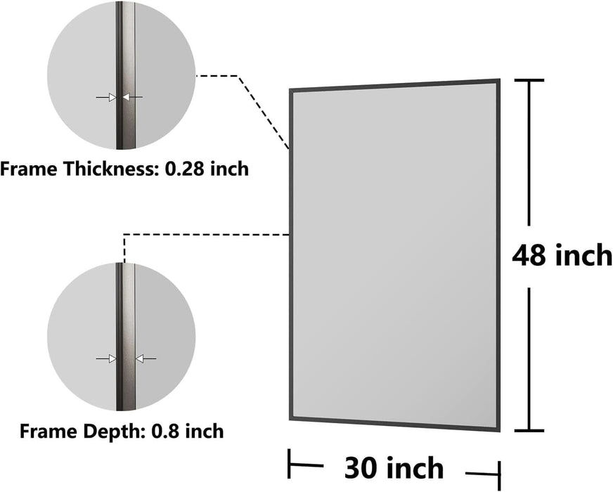 30x48 Black Bathroom Mirror Shatterproof Tempered Glass