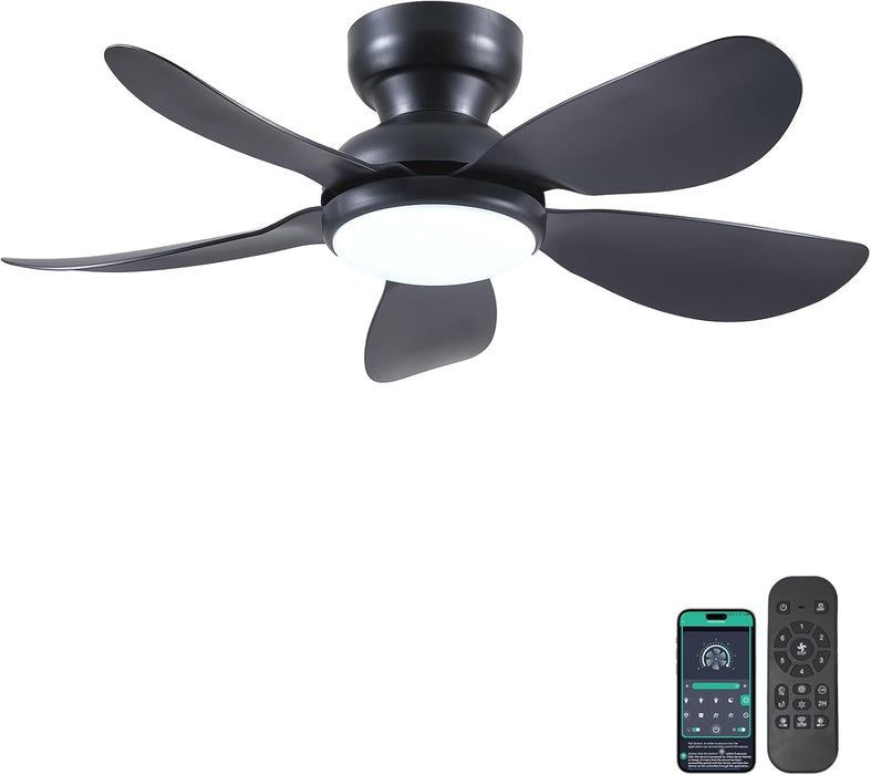 36 Inch Modern Ceiling Fans with Lights, Small Flush Mount Ceiling Fan, Remote/App Control, 5 Reversible Curved Blades, 6 Speeds, 3 CCT Dimmable Lights for Kids Room Bedroom, Black