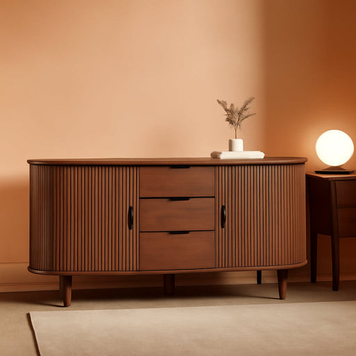 59" Mid Century Modern TV Stand with Charging Station, 32" Tall Farmhouse Curved Edge Media Console Table with Drawer and Shelf, Fluted Entertainment Center for Living Room, Bedroom Walnut