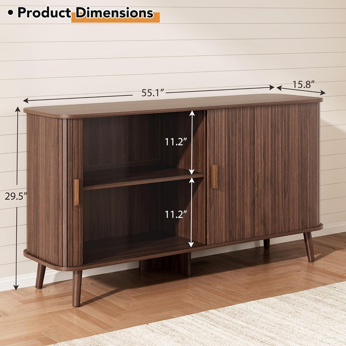 55" Fluted Sideboard Buffet Cabinet with Sliding Door, Mid-Century Modern Wood Sideboard, Adjustable Shelf, Coffee Bar Cabinet with Storage for Kitchen, Walnut