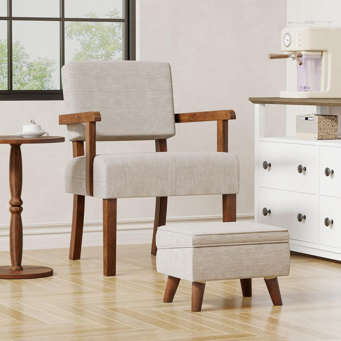 Beige Oversized Accent Armchairs With Walnut Table