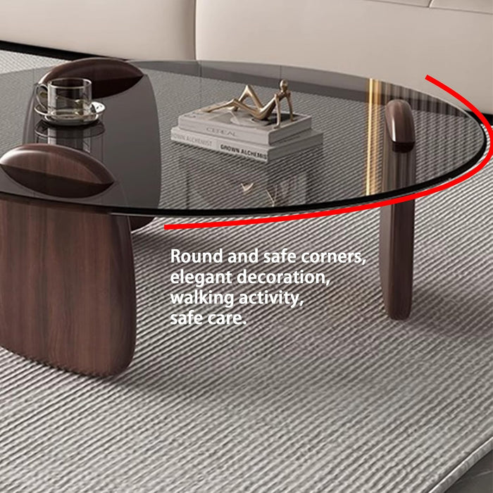 Modern round Coffee Table with Glass Top, 32.68" D X 22.44" W X 15.75" H, Circular Tea Tables for Living Room Home Office Industrial Cocktail Tables (Walunt-Grey Glass/35.43")