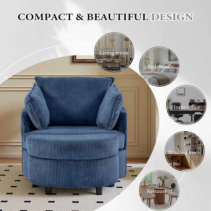 Swivel Accent Chair,Comfy Reading Chairs for Bedroom,Modern Corduroy Arm Chair with Ottoman,360°Swivel Barrel Chairs for Living Room,Apartment (Blue, 1)