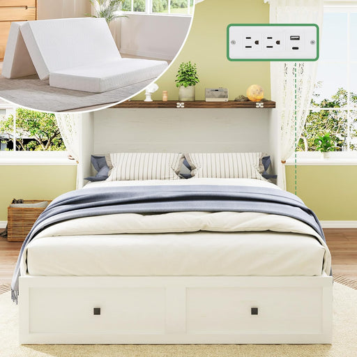 Full Murphy Bed Cabinet with 6" Tri-Fold Memory Foam Mattress, Storage Drawer & Charging Station, Space-Saving Guest Bed for Home Office, Distressed White