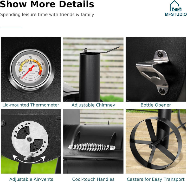 Heavy Duty Charcoal Wood Offset Outdoor Smoker Grill, Charcoal Grill with Smoker Combo for BBQ Grilling, 512 SQ.IN.