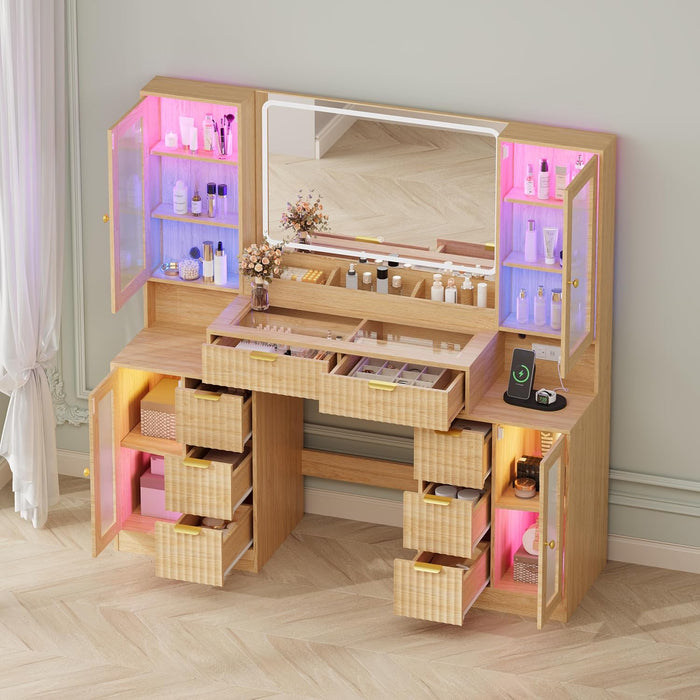 55 Inch Makeup Vanity Desk With LED Lights RGB Glass Cabinets