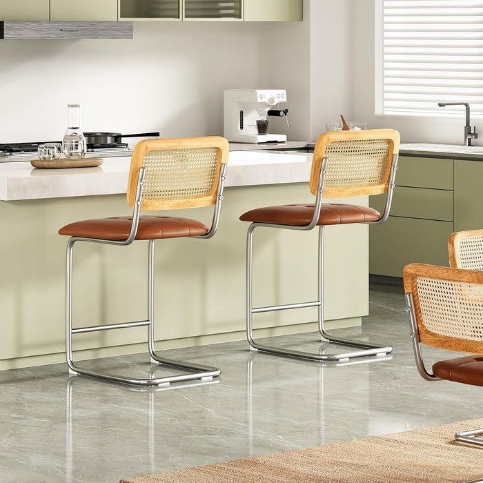 Counter Height Bar Stools Set of 2, Upholstered PU Leather Barstools with Rattan Back, 24 Inch Stools Armless Bar Chairs for Kitchen Island(Brown)