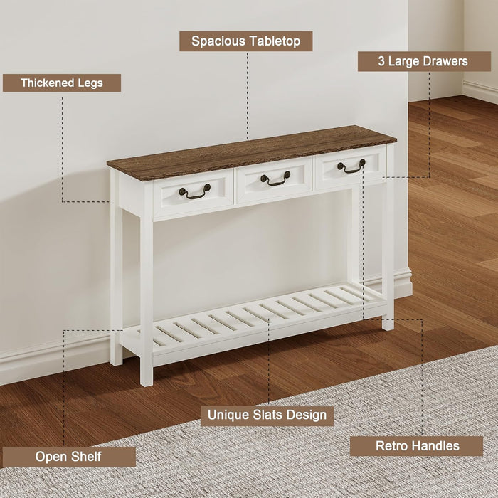 47" Farmhouse Console Table with 3 Drawers, Rustic Entryway Table, Narrow Long Sofa Table for Living Room, Hallway, behind Couch, Soft White and Brown
