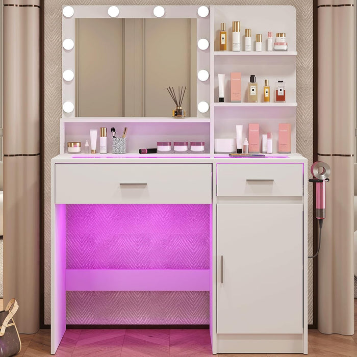 White Vanity Desk with Mirror & RGB Lights - Adjustable Brightness, Glass Top, Built-In Power Outlet, Multi-Storage Makeup Dressing Table for Bedroom