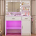 White Vanity Desk with Mirror & RGB Lights - Adjustable Brightness, Glass Top, Built-In Power Outlet, Multi-Storage Makeup Dressing Table for Bedroom