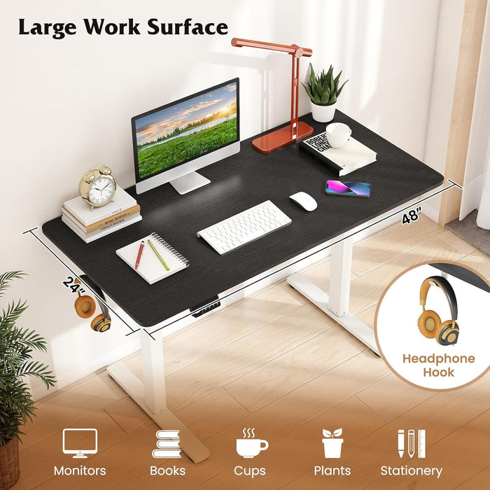 Electric Standing Desk, 48" X 24" Height Adjustable Sit Stand Computer Workstation with 2 Memory Heights, Headphone Hook, Anti-Collision Design, Home Office Computer Desk (Black+White)