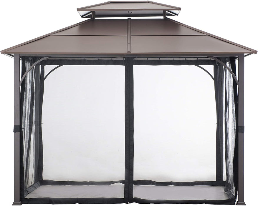 Hardtop Gazebo 10 X 12 Ft. Outdoor Gazebo, Heavy Duty Steel Frame Gazebo, Double Tiered Metal Gazebo with Ceiling Hook and Mesh Netting, Brown