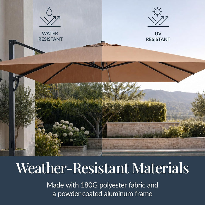 10X10Ft Cantilever Patio Umbrella, 5 Year Fade Resistant 260 GSM Canopy, Smooth Tilt Adjustment, and Aluminum Frame - Tan