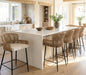 Farmhouse Woven Bar Stools Set of 3, 26 Inch Linen Upholstered Rattan Barstools with Curved Backs, Modern Cane Counter Height Bar Chairs with Metal Legs and Armrest for Kitchen Island, Beige