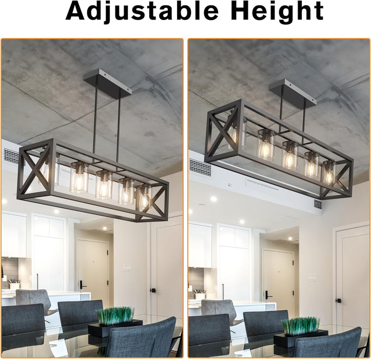 Farmhouse Dining Room Light Fixture - 5 Light Matte Black Rectangle Light Fixture with Adjustable Height & Thickened Metal Dining Table Fixture Chandeliers for Dining Room&Kitchen Island