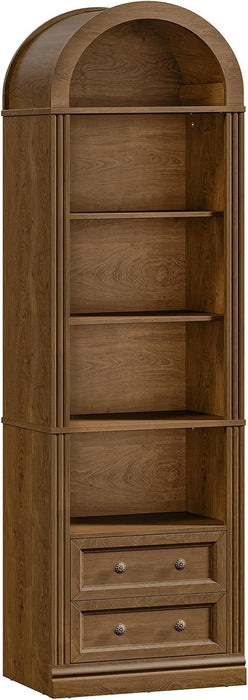 Tall Narrow Bookshelf, Arched Bookshelf with 2 Drawers, 7-Tier Farmhouse Arch Bookcase, Wooden Book Shelf with Open Display Shelves for Office, Living Room, Kitchen, Walnut