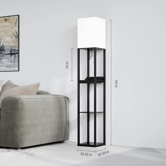 Floor Lamp with Shelves,Modern Dimmable Solid Wood Standing Lamp with 1 Drawer and 2 USB Ports & 2 Power Outlet,Corner Tall Bookshelf Lamp for Living Room and Bedroom(Black)