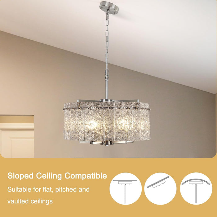 Brushed Nickel Glass Chandeliers for Dining Room, 18.7'' Modern Farmhouse Glass Drum Chandelier for Entryway, 5-Light Hanging round Light Fixture for Living Room Bedroom Foyer Hallway Kitchen Island