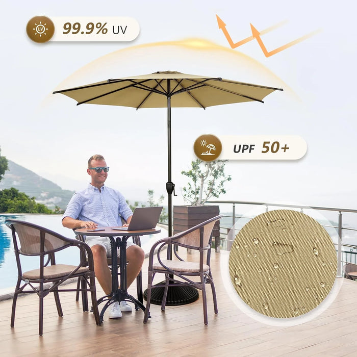 9Ft Outdoor Patio Umbrella W/ Push Button Tilt and Crank, 8 Ribs, Brown