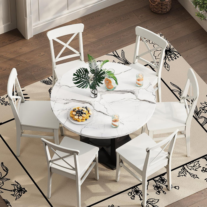 Extendable Dining Table Marble for 4–6 (White Marble) | White Faux Marble Dining Table, Modern Marble Kitchen Table, round Dining Table for Kitchen, Living Room, Dining Room ﻿