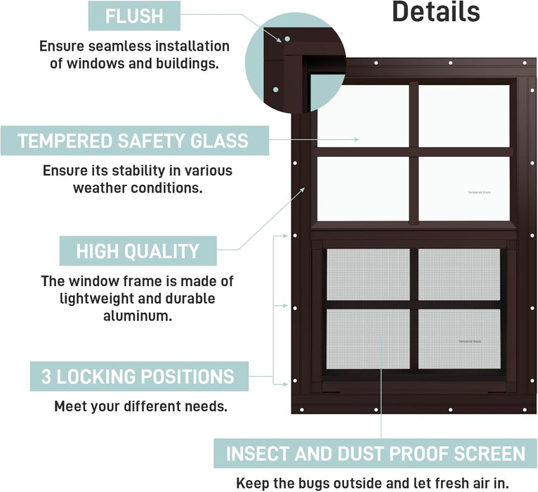 2 Pack Shed Window, 18" W X 23" H Flush Mount Window with Tempered Glass for Sheds, Chicken Coops, Garage and Playhouse (Brown)