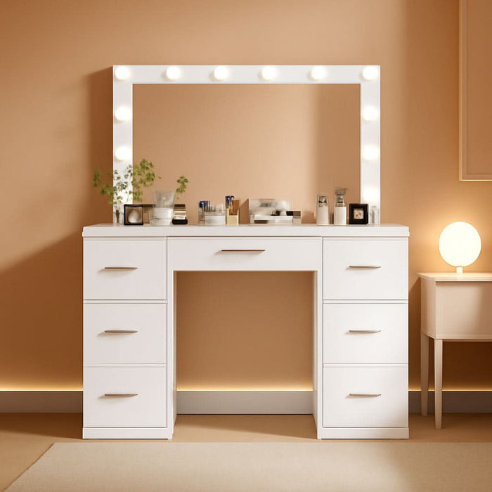 Vanity with Large Mirror and 12 LED Lights, Vanity Desk with 7 Drawers & Hairdryer Holder, Makeup Vanity Desk with Charging Station for Women, Girls, 3 Lighting Color Adjustable, White