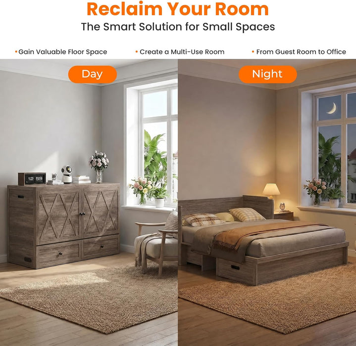 Murphy Bed Queen Mattress Included GreyFinish Drawer