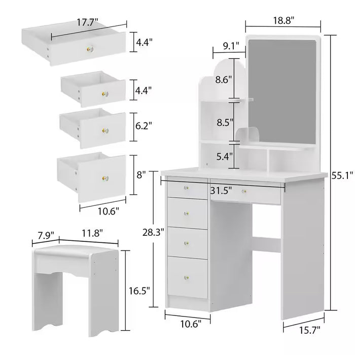 5-Drawers Wood Dresser Makeup Vanity Sets in White with Stool, Mirror (55.1 In. H X 31.5 In. W X 15.7 In. D)