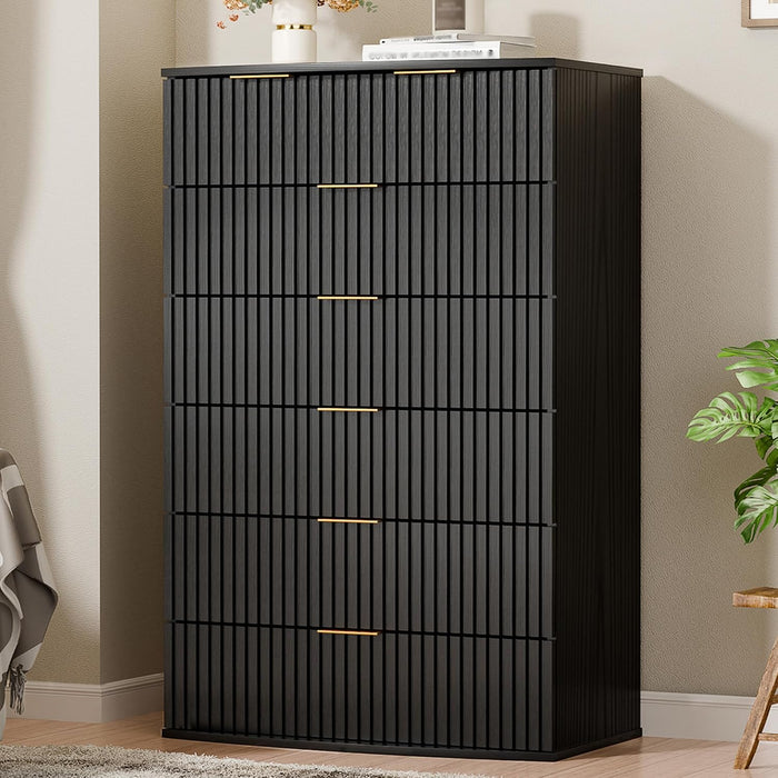 Fluted 6 Drawer Dresser for Bedroom,47'' Tall Chest of Drawer W/Gold Handle