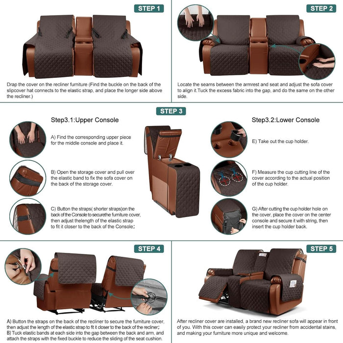 Waterproof Loveseat Recliner Cover with Console Non-Slip Reclining Couch Covers Split Sofa Slipcovers with Elastic Straps for Kids, Dogs, Pets (Chocolate, 2 Seater)
