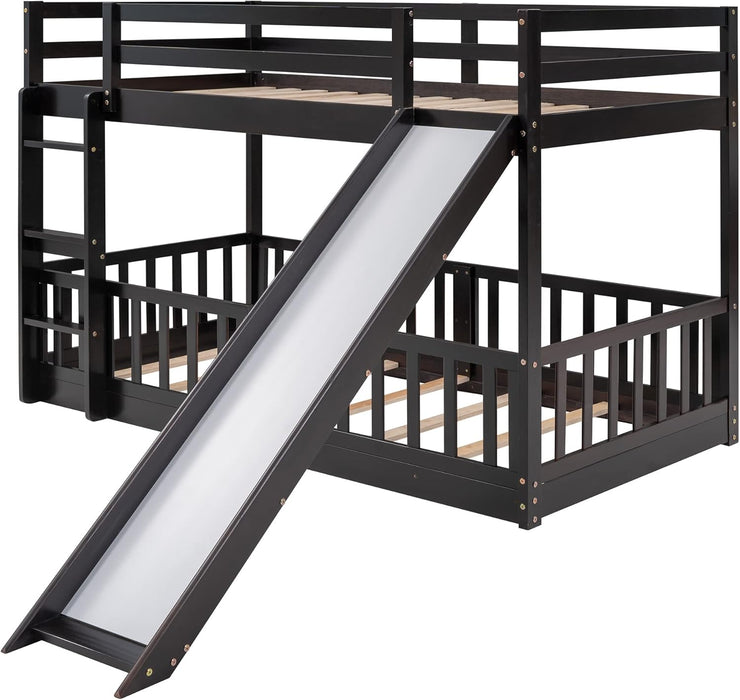 Twin over Twin Floor Bunk Bed with Slide and Ladder, Low Bunk Bed for Kids, Girls, Boys, Removable Fence, Bunk Bed with Slide, Espresso